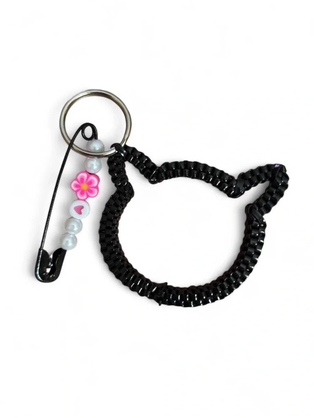 Black Cat-Shaped Keychain with Safety Pin Charm
